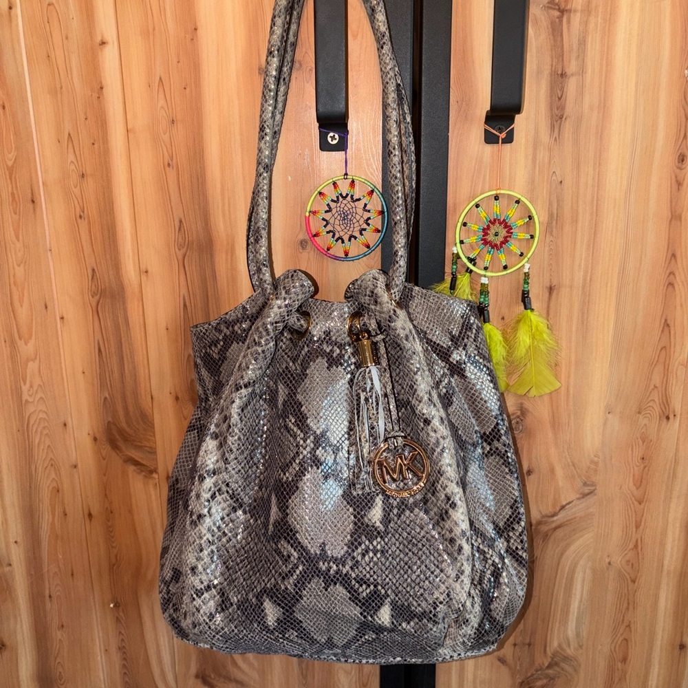 Michael Kors Gray Snake-Print  Hobo Bag